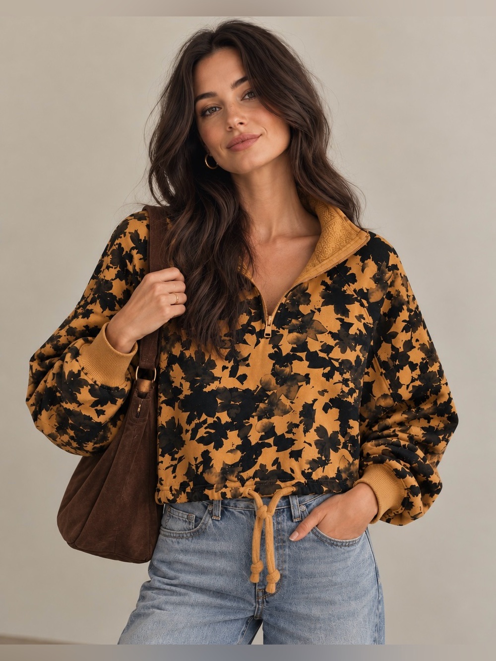 Urban Outfitters Floral Mock Neck Cropped Half-Zip Sweatshirt - Size Small